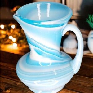 Blue and White Swirl Slag Pitcher